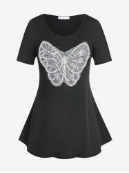 T-shirt Côtelé Papillon Brodé Perlé en Dentelle Grande Taille - Noir 1X | US 14-16
