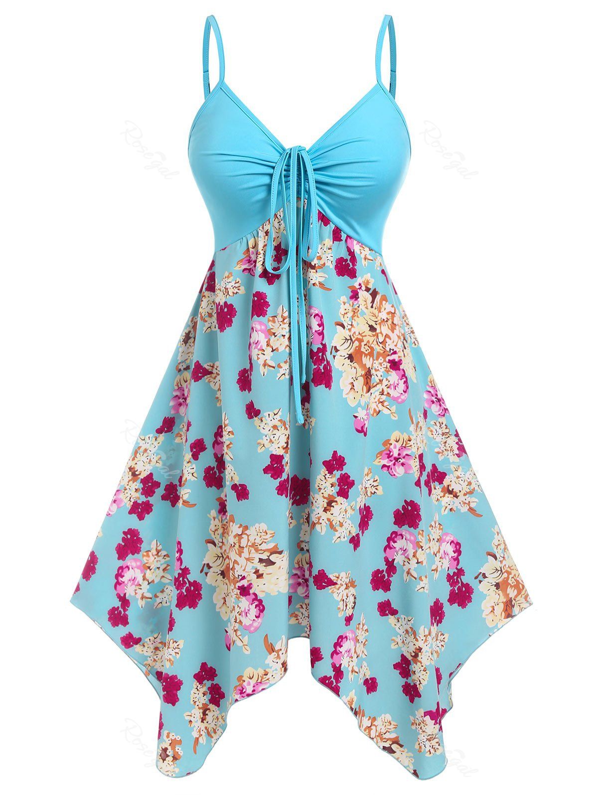 Latest Plus Size Floral Print Cinched Handkerchief Dress  