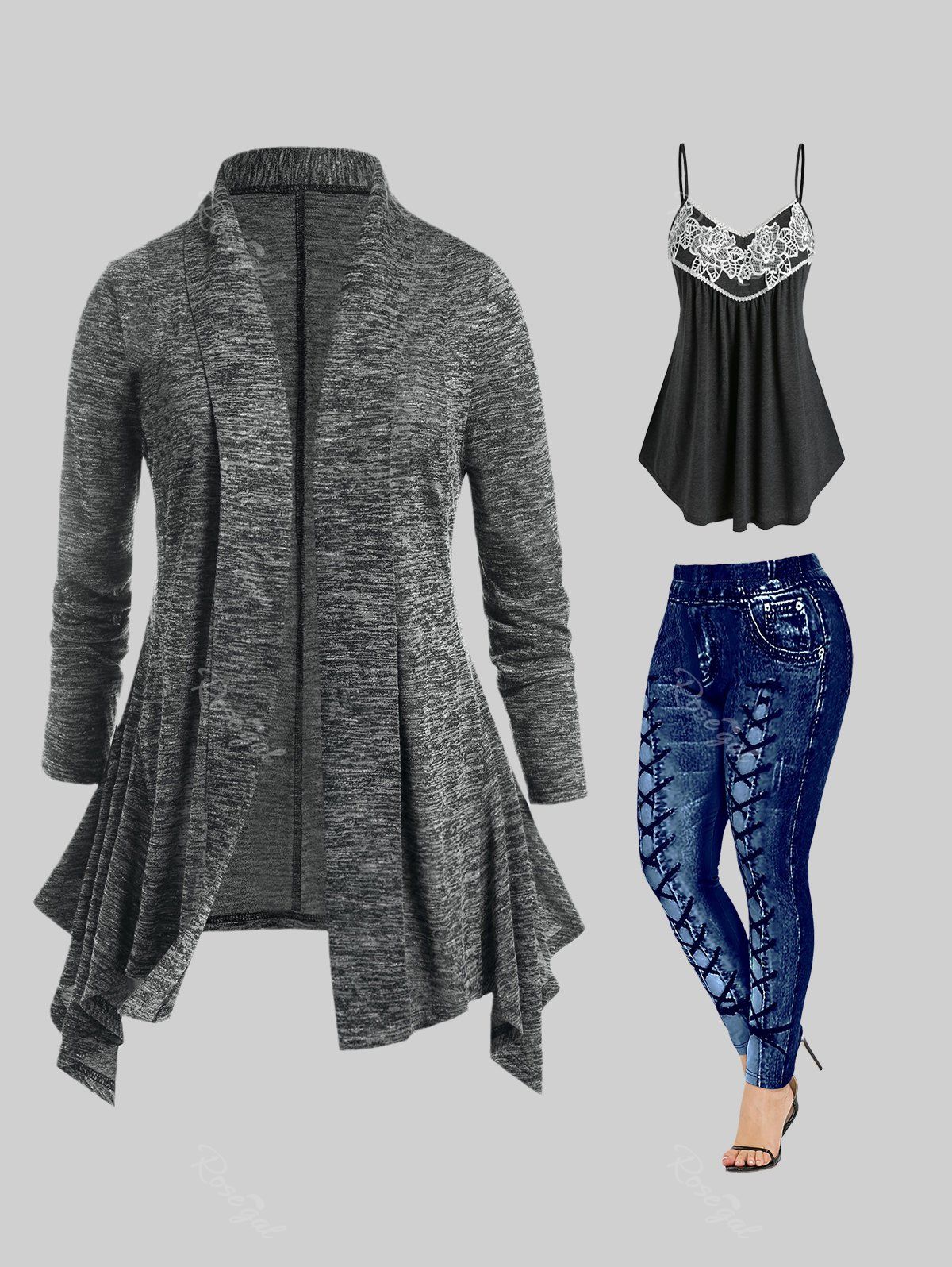 Fashion Asymmetric Open Cardigan and Tank Top and Curve Leggings Plus Size Outfit  
