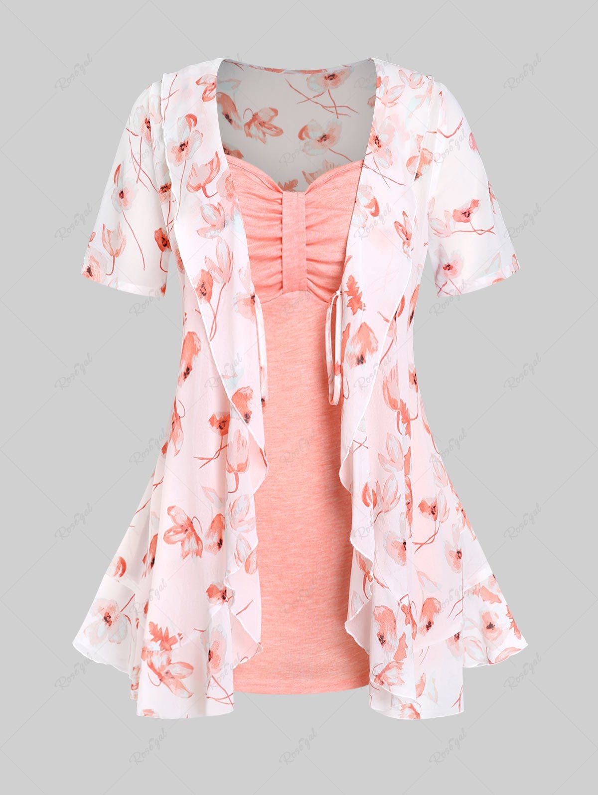 Fashion Plus Size & Curve Floral Tie Blouse and Knot Solid Tank Top Set  