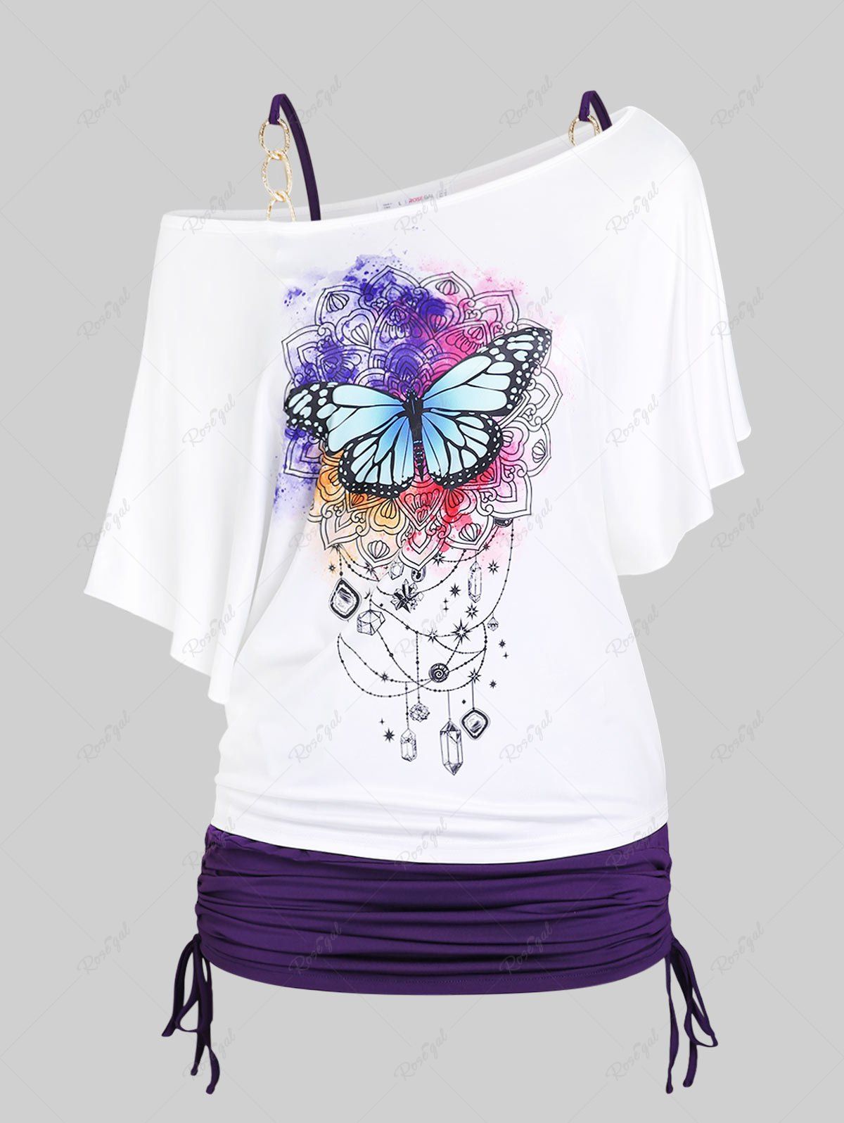 Trendy Plus Size & Curve Butterfly Tee and Metal Ruched Cinched Top Set  