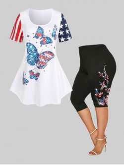 Patriotic American Flag Butterfly Tee and Capri Leggings Plus Size Summer Outfit - WHITE