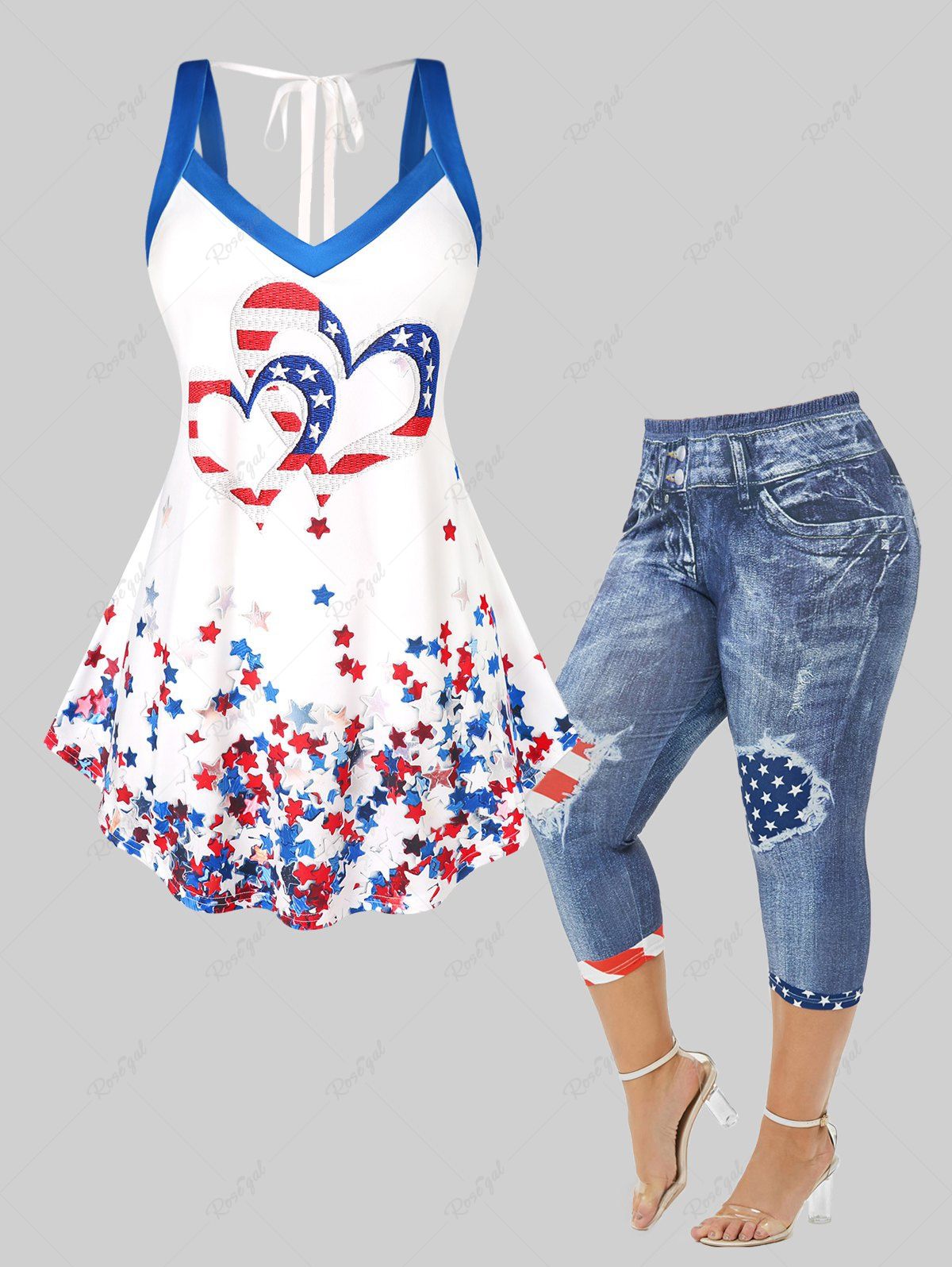 Discount Patriotic American Flag Tank Top and Capri Leggings Plus Size Summer Outfit  