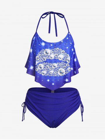 Plus Size & Curve Flounce Overlay Lip Print Cinched Halter Tankini Swimsuit - BLUE - 5X