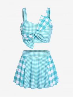 Plus Size & Curve Bowknot Plaid Gingham Print Three Piece Tankini Swimsuit - LIGHT BLUE - 2X