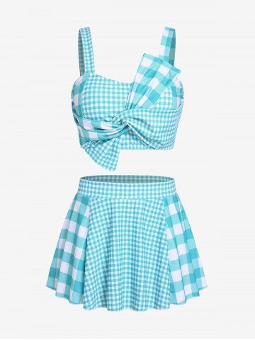 Plus Size & Curve Bowknot Plaid Gingham Print Three Piece Tankini Swimsuit - LIGHT BLUE - 3X