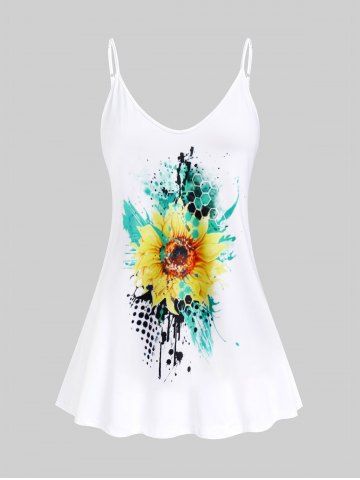 Plus Size & Curve Sunflower Print Flowy Tank Top - WHITE - L