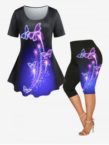 Butterfly Galaxy T-shirt and Leggings Plus Size Summer Outfit - BLACK