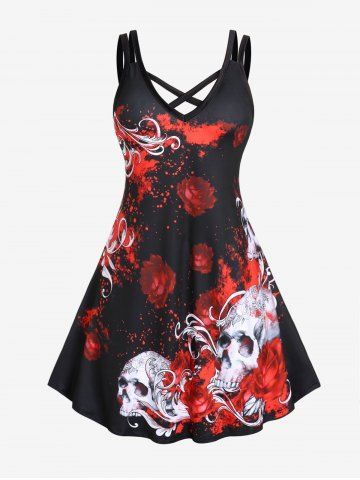 Valentines Red Rose Skull Print Plus Size Crisscross A Line Gothic Dress