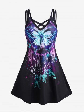 Plus Size & Curve Crisscross Butterfly Dreamcatcher Print Dress - BLACK - 3X | US 22-24