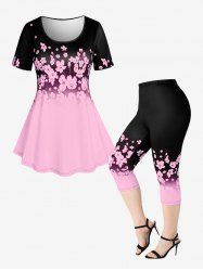 Ensemble d'Eté avec T-shirt Ombre Floral Grande Taille et Legging - Rose clair 