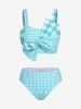 Plus Size & Curve Bowknot Plaid Gingham Print Three Piece Tankini Swimsuit -  