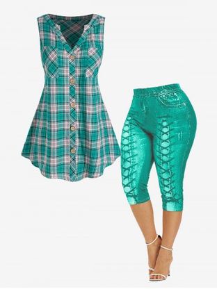 Sleeveless Pockets Plaid Blouse and Capri Leggings Plus Size Summer Outfit