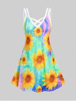 Plus Size & Curve Colorblock Sunflower Crisscross Sleeveless Dress - GREEN - 2X | US 18-20