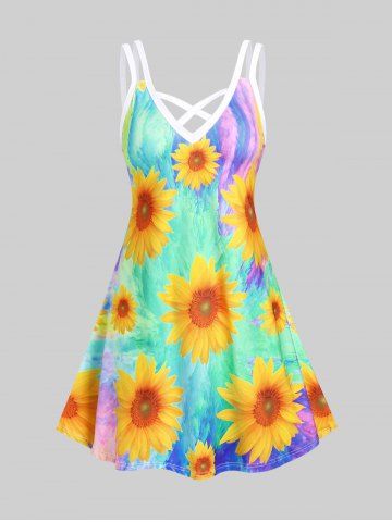 Plus Size & Curve Colorblock Sunflower Crisscross Sleeveless Dress - GREEN - 3X | US 22-24