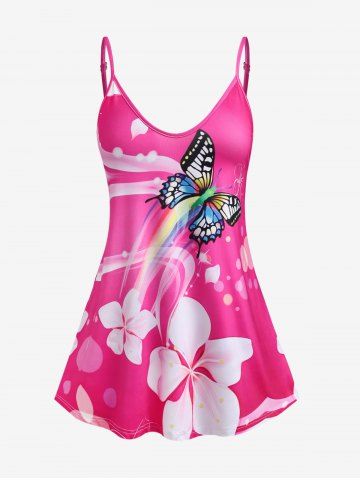 Plus Size & Curve Butterfly Floral Tank Top - RED - 4XL