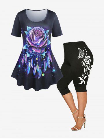 Ensemble de T-shirt à Attrape-Rêve Papillon et Legging à Imprimé Roses pour L'Été Grande Taille