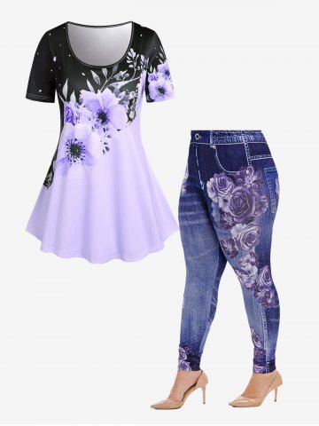 Floral Print Tee and High Waist 3D Jeggings Plus Size Summer Outfit - LIGHT PURPLE