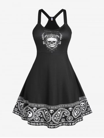 Plus Size & Curve Skull Paisley Print Gothic Dress - BLACK - 2X | US 18-20