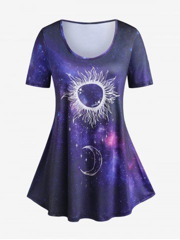 T-shirt Courbe à Imprimé Lune et Galaxie de Grande Taille