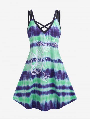 Plus Size & Curve Crisscross Butterfly Tie Dye Sleeveless Dress - LIGHT GREEN - L | US 12