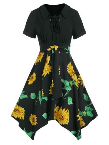 Sunflower Print Handkerchief Dress - BLACK - L