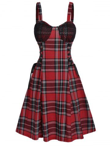 Plaid Mini Lace Bust Lace Up Dress - DEEP RED - XXXL