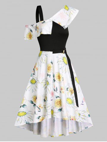 Sunflower Printed Skew Collar High Low Dress - WHITE - L