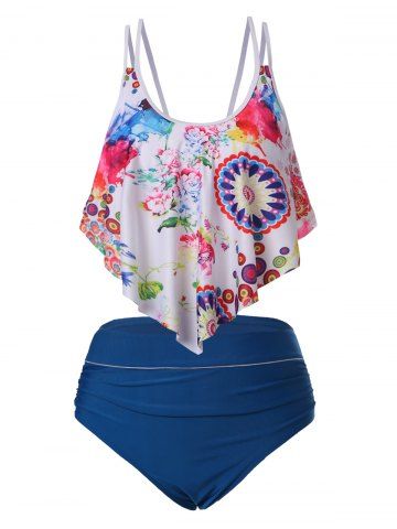 Splatter Paint Flower Flounce Tankini Swimwear - DEEP BLUE - XXXL