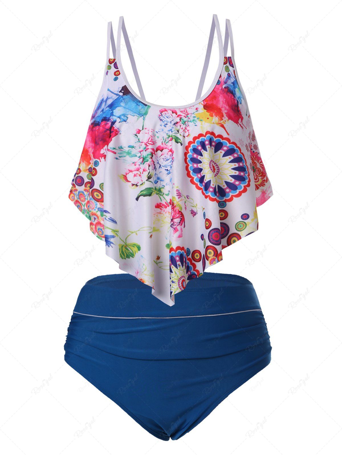 Cheap Splatter Paint Flower Flounce Tankini Swimwear  