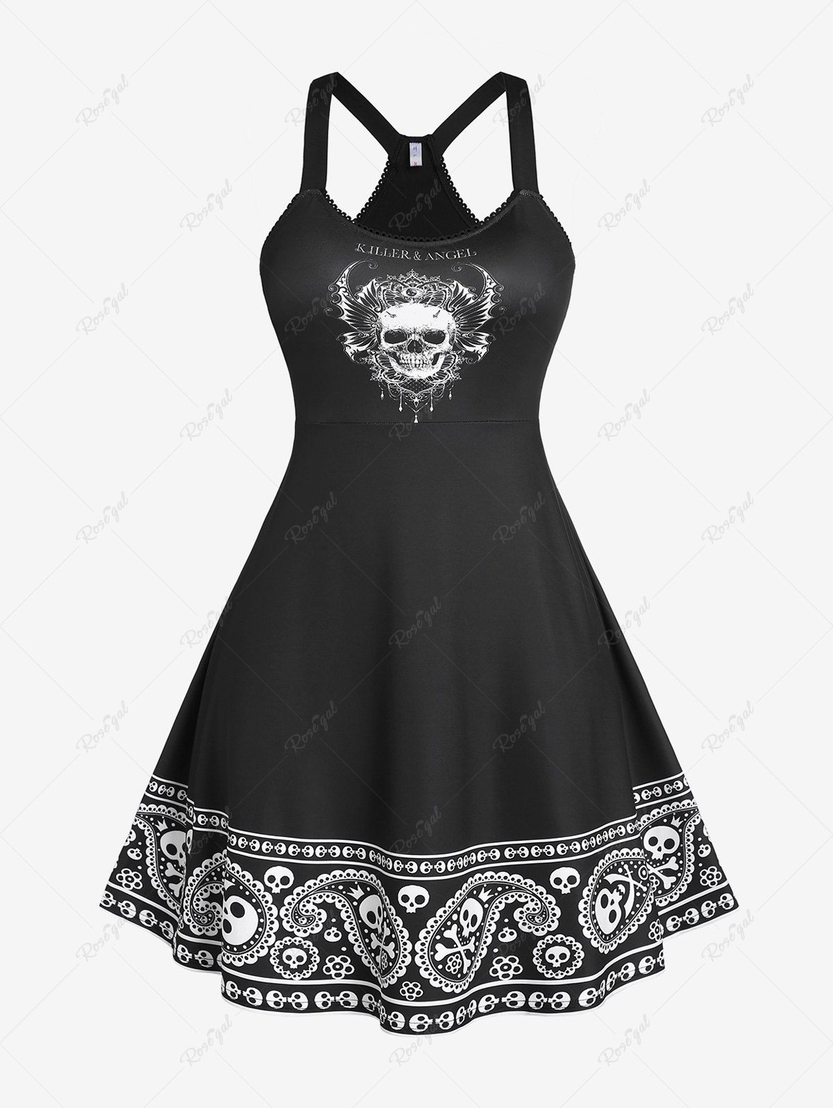 Chic Plus Size & Curve Skull Paisley Print Gothic Dress  