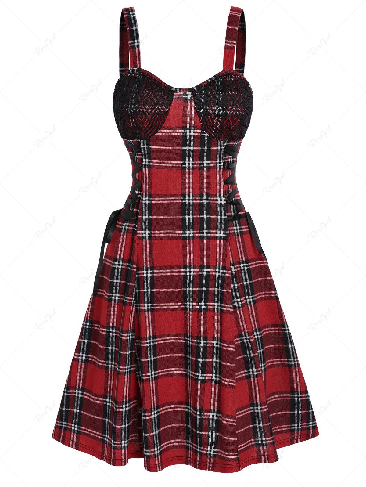Sale Plaid Mini Lace Bust Lace Up Dress  