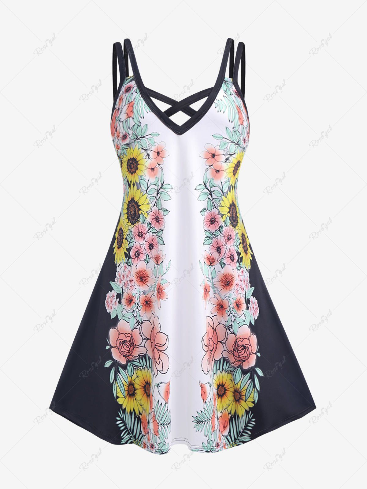 Discount Plus Size & Curve Sunflower Floral Crisscross Sleeveless Dress  