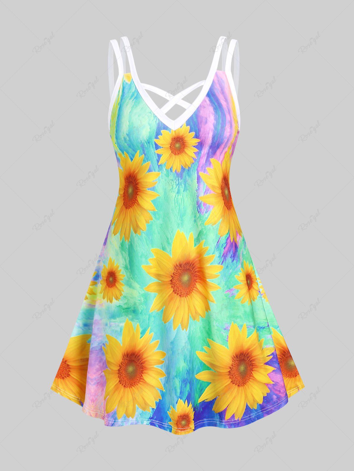 Discount Plus Size & Curve Colorblock Sunflower Crisscross Sleeveless Dress  
