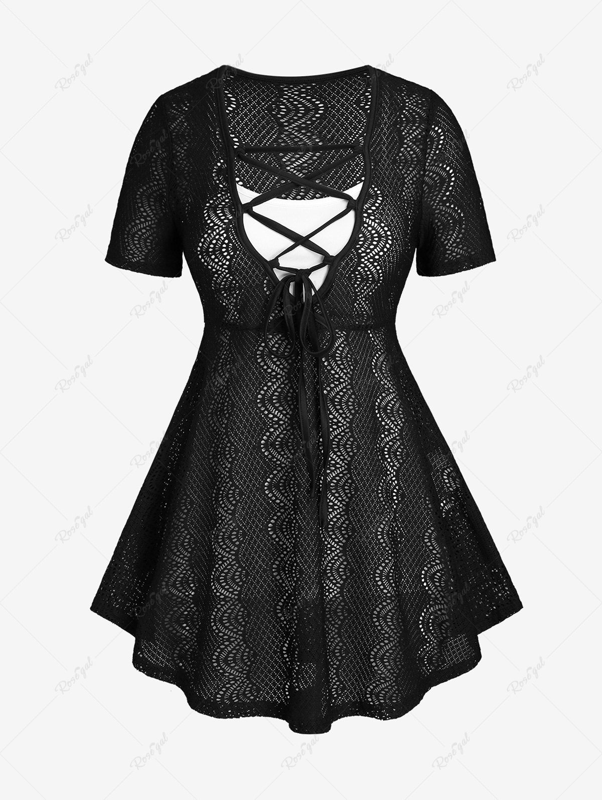 Online Plus Size & Curve Lace-up Sheer Lace Blouse and Camisole Set  