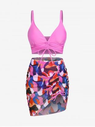 Plus Size & Curve Padded Asymmetric Cinched Three Piece Tankini Swimsuit