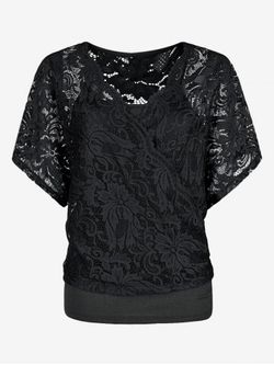 Plus Size & Curve Batwing Sleeve Sheer Lace Blouse and Camisole Set - BLACK - M | US 10