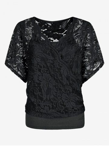 Plus Size & Curve Batwing Sleeve Sheer Lace Blouse and Camisole Set - BLACK - L | US 12