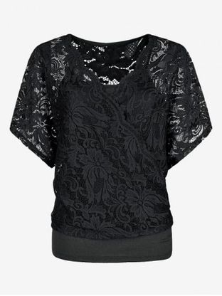 Plus Size & Curve Batwing Sleeve Sheer Lace Blouse and Camisole Set
