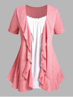 Plus Size Front Tie Ruffled Faux Twinset Tee - LIGHT PINK - 5X