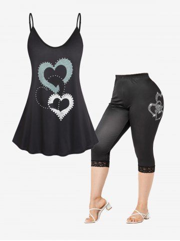 Heart Print Tank Top and Capri Leggings Plus Size Summer Outfit - BLACK