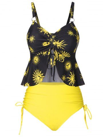 Vintage Sun Print Peplum Tankini Swimsuit - YELLOW - S