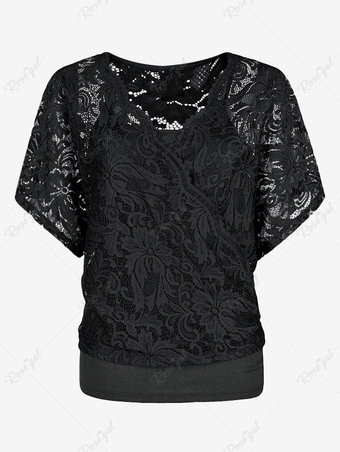 Store Plus Size & Curve Batwing Sleeve Sheer Lace Blouse and Camisole Set  