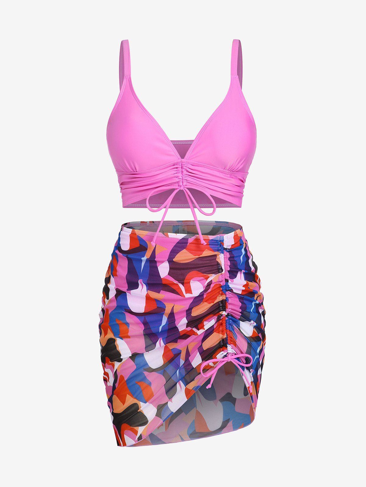 Fashion Plus Size & Curve Padded Asymmetric Cinched Three Piece Tankini Swimsuit  