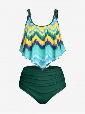 Plus Size & Curve Ruffled Overlay Wave Print Ruched Tankini Swimsuit - DEEP GREEN - 2X