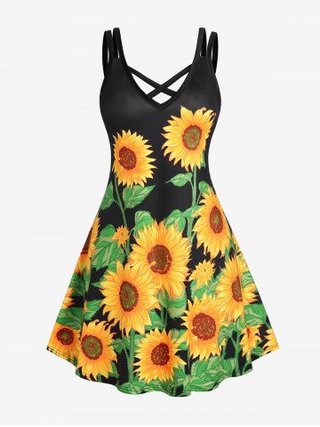 Plus Size & Curve Sunflower Print Crisscross Sundress - BLACK - 1X | US 14-16