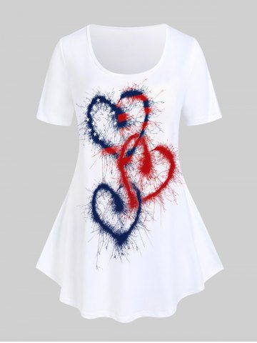T-shirt à Imprimé Drapeau Américain et Cœur en Courbe - WHITE - 2X | US 18-20