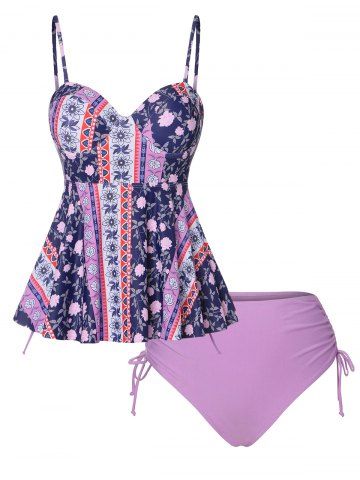 Tribal Floral Tankini Swimsuit Modest Swimwear Set - LIGHT PURPLE - S