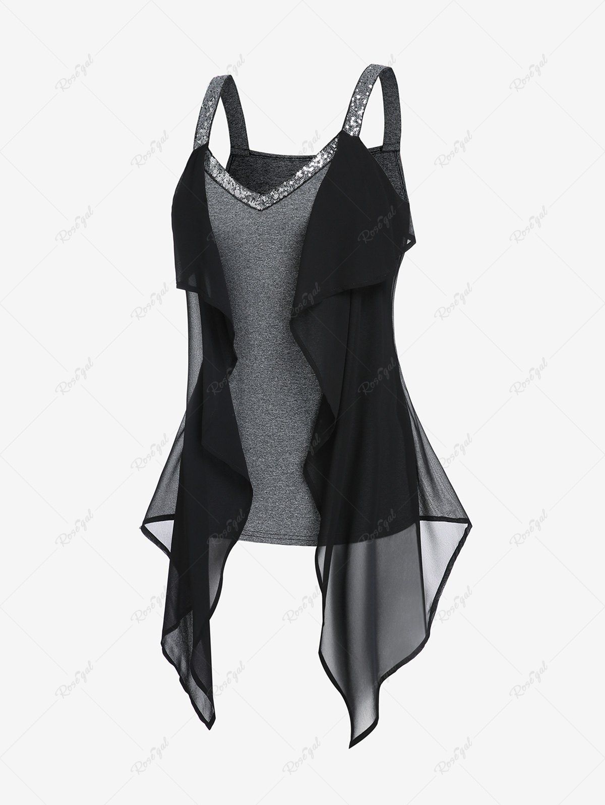 Online Plus Size Sequined Colorblock Chiffon Overlay Tank Top  