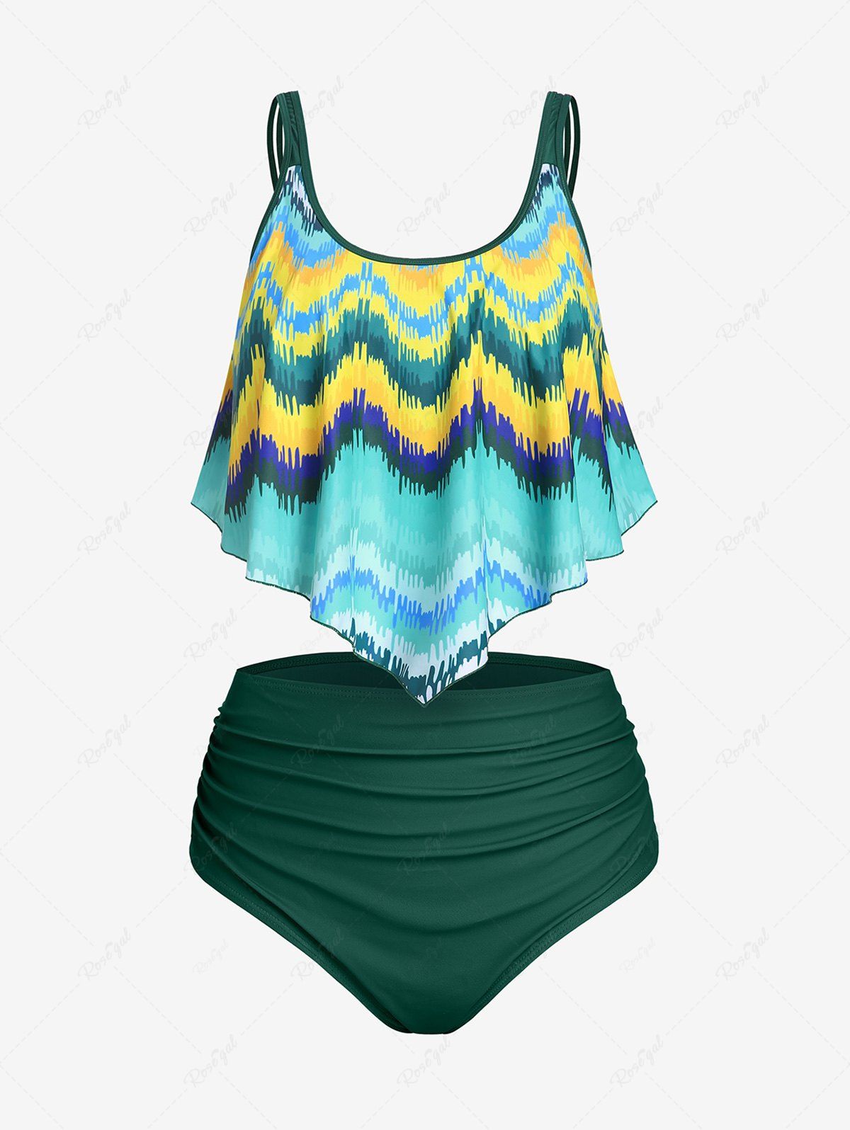 Fashion Plus Size & Curve Ruffled Overlay Wave Print Ruched Tankini Swimsuit  